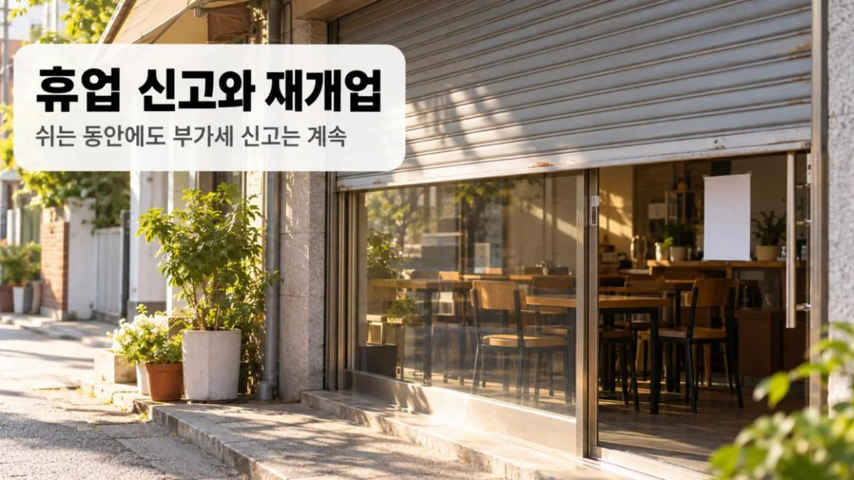 휴업 신고와 재개업 — 셔터를 반쯤 내린 동네 가게와 유리문 안에 정리된 의자·테이블